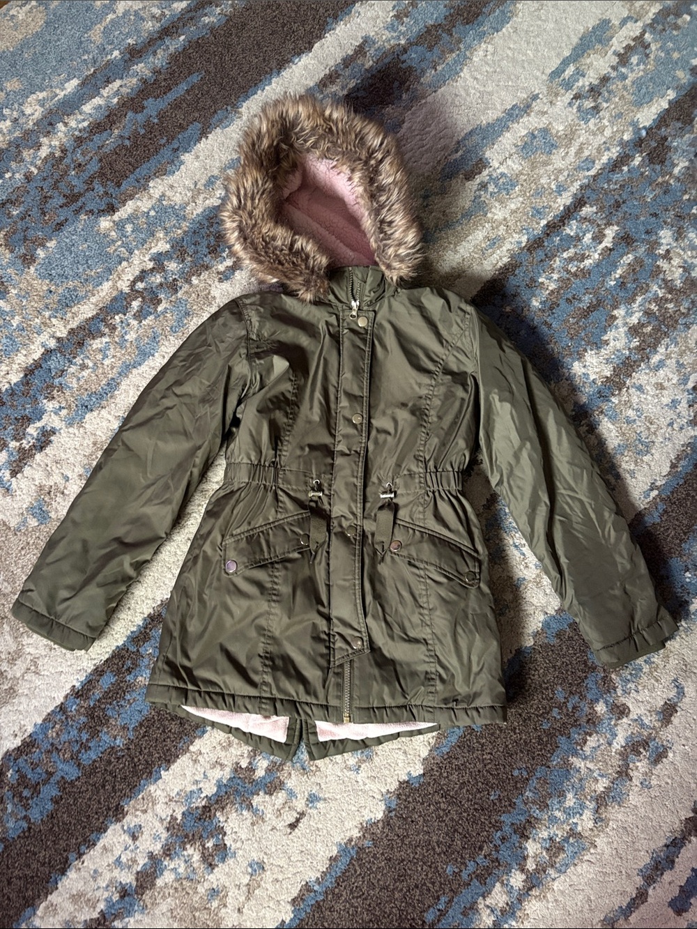 Girls' Olive Green Puffer Jacket with Faux Fur Hood